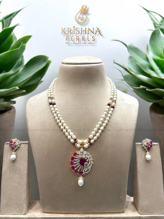 Royal Ruby Studded Pendent With Pearls Necklace Set