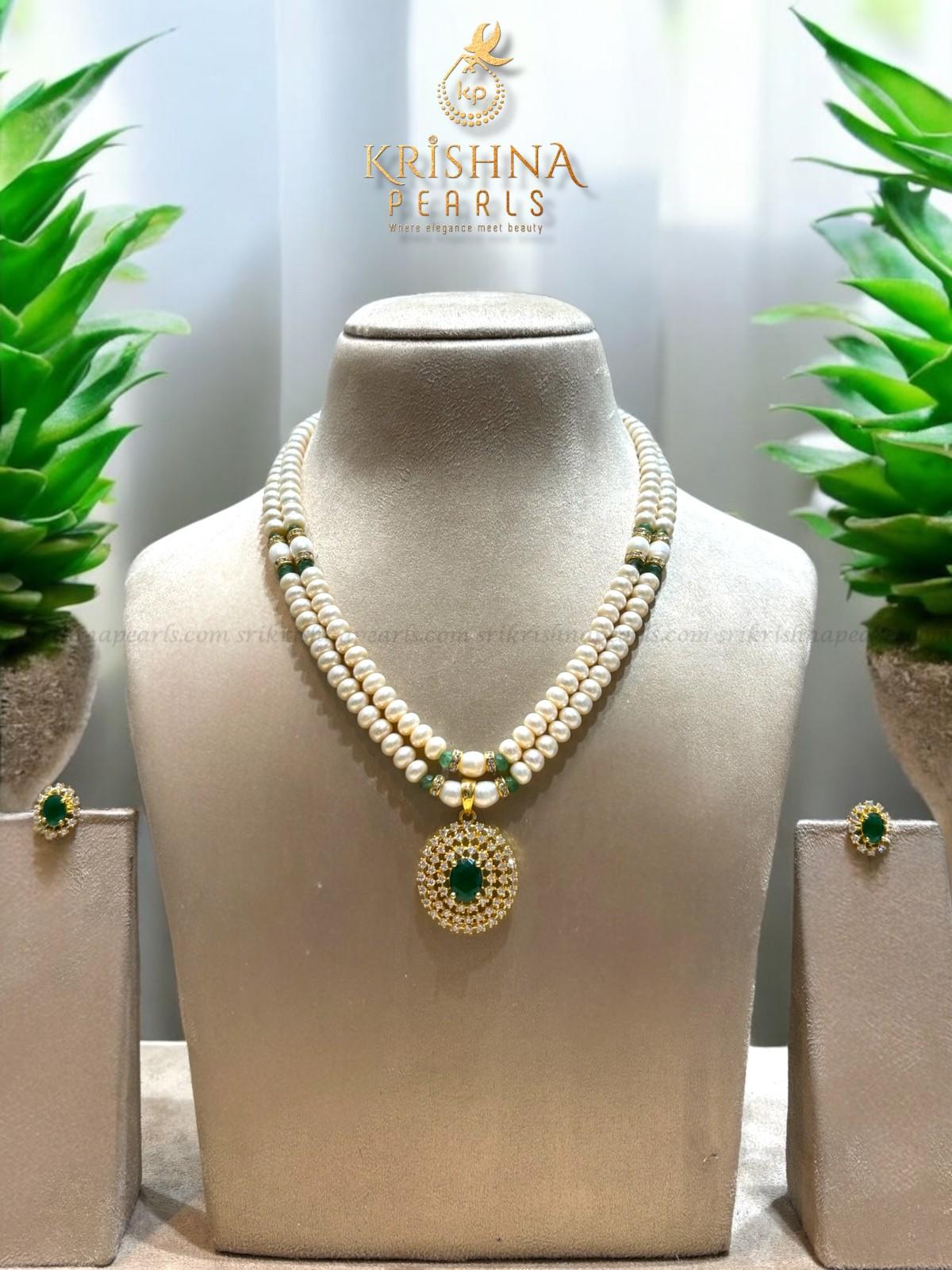 Excellent Quality Natural Pearls Two Rows with Emerald Stone Pendant