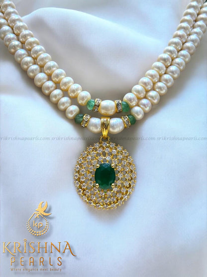 Excellent Quality Natural Pearls Two Rows with Emerald Stone Pendant