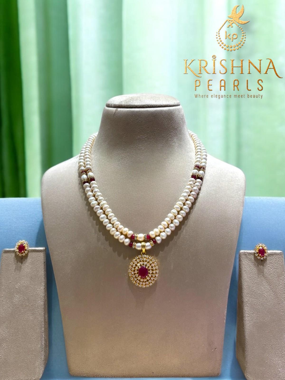 Two Rows Beautiful Scarlet Aura With Fresh Water Natural Pearls Necklace Set