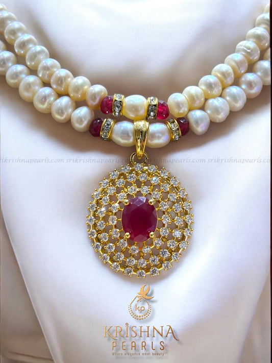 Two Rows Beautiful Scarlet Aura With Fresh Water Natural Pearls Necklace Set