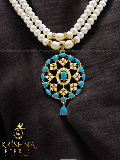 Two Rows Unique Turquoise Queen Pendent With Natural Pearls Necklace Set
