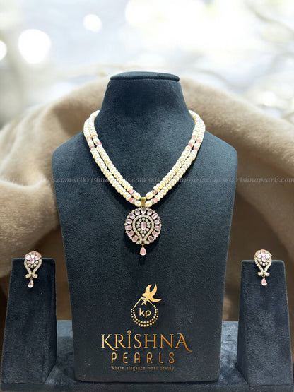 Adorable Oxidised Rose Quartz Pendent With Pearls Necklace