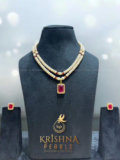 Two Rows Ruby Stone With Natural Pearls Necklace Set