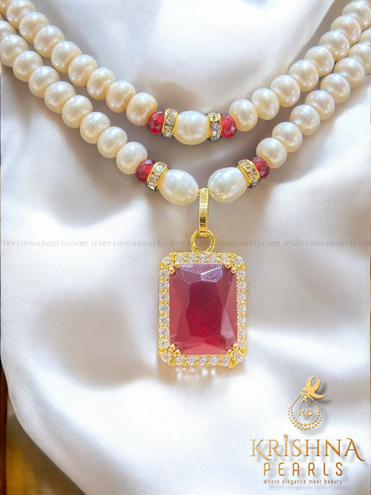 Two Rows Beautiful Ruby Pendant Stone With Natural Pearls Necklace Set