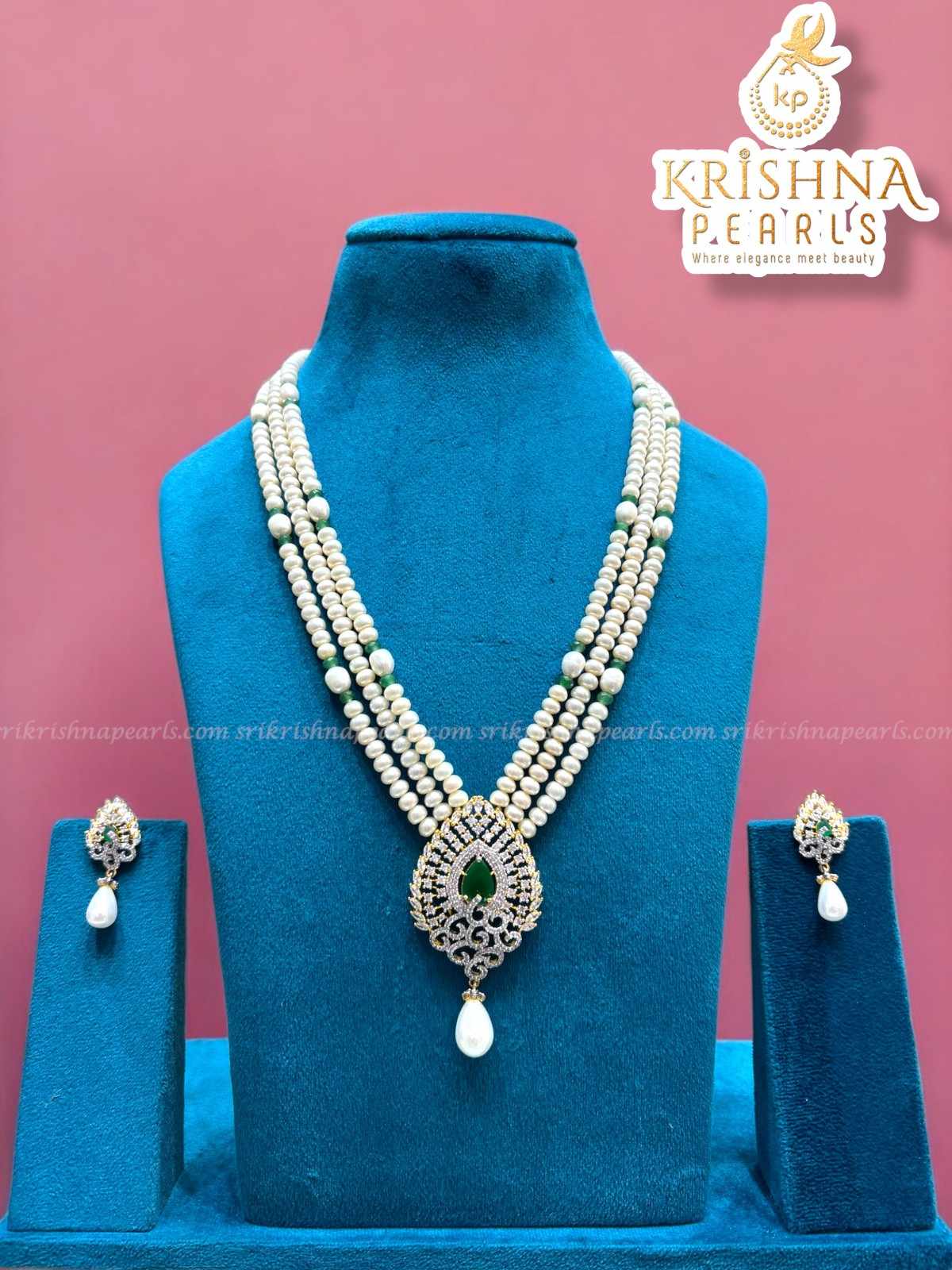 Adorable Green Stone Studded Three Row Pearls Necklace Set
