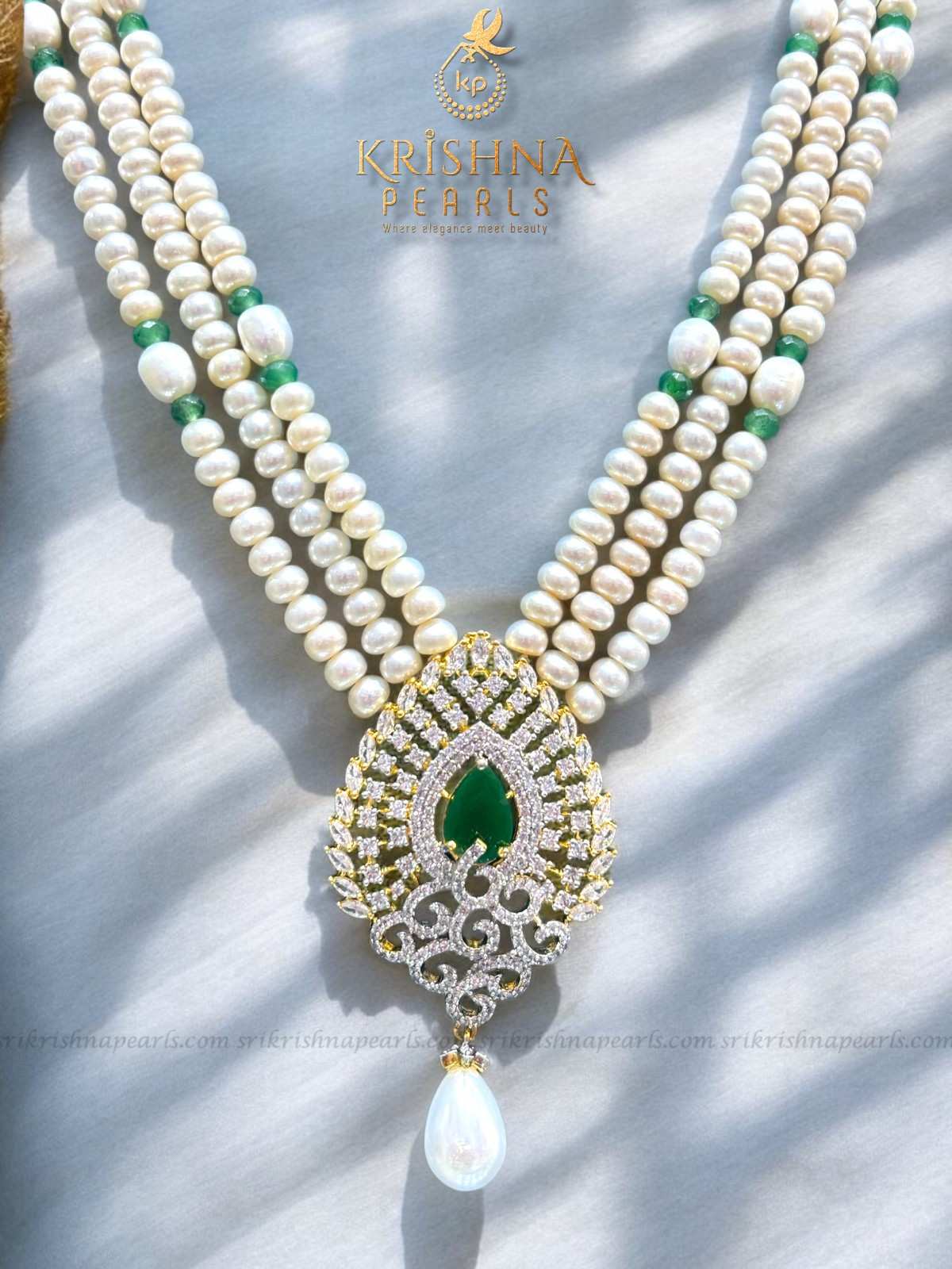 Adorable Green Stone Studded Three Row Pearls Necklace Set
