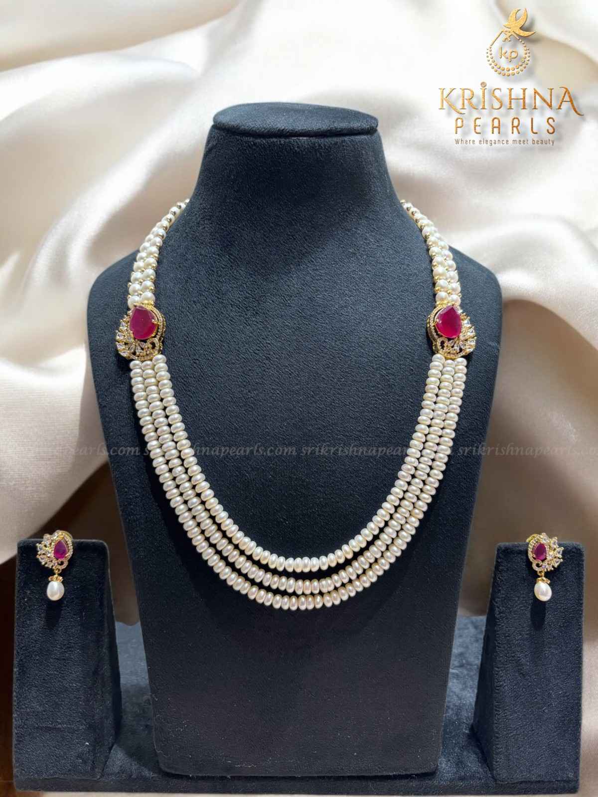Adorable Ruby Studded Side Broch Pearls Necklace Set