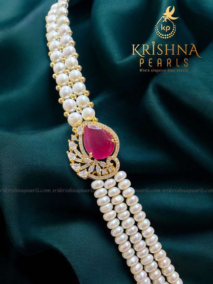 Adorable Ruby Studded Side Broch Pearls Necklace Set