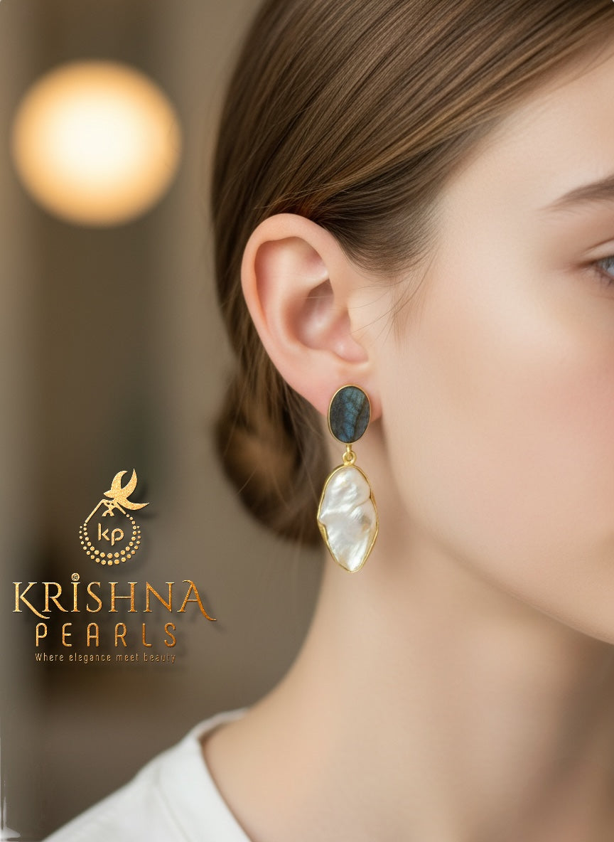 Baroque Pearl With Bornite Stone Studded Hangings