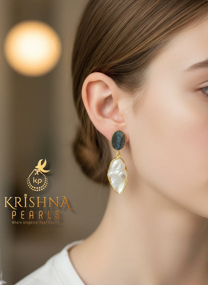 Baroque Pearl With Bornite Stone Studded Hangings