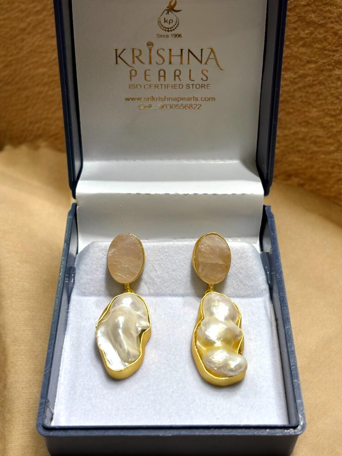 Rose Quartz Studded With Baroque Pearl Hangings