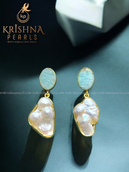 Blue Quartz Stone Studded With Baroque Pearls Hangings