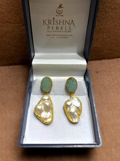 Blue Quartz Stone Studded With Baroque Pearls Hangings