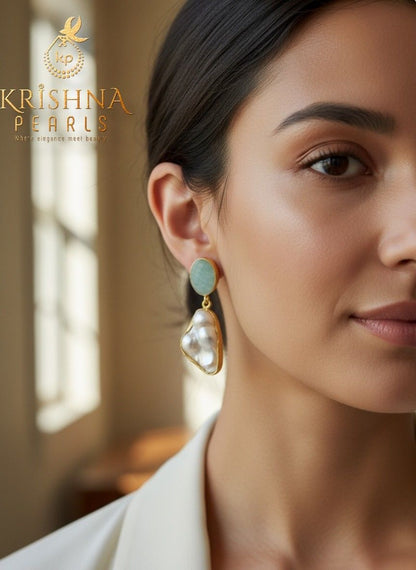 Blue Quartz Stone Studded With Baroque Pearls Hangings