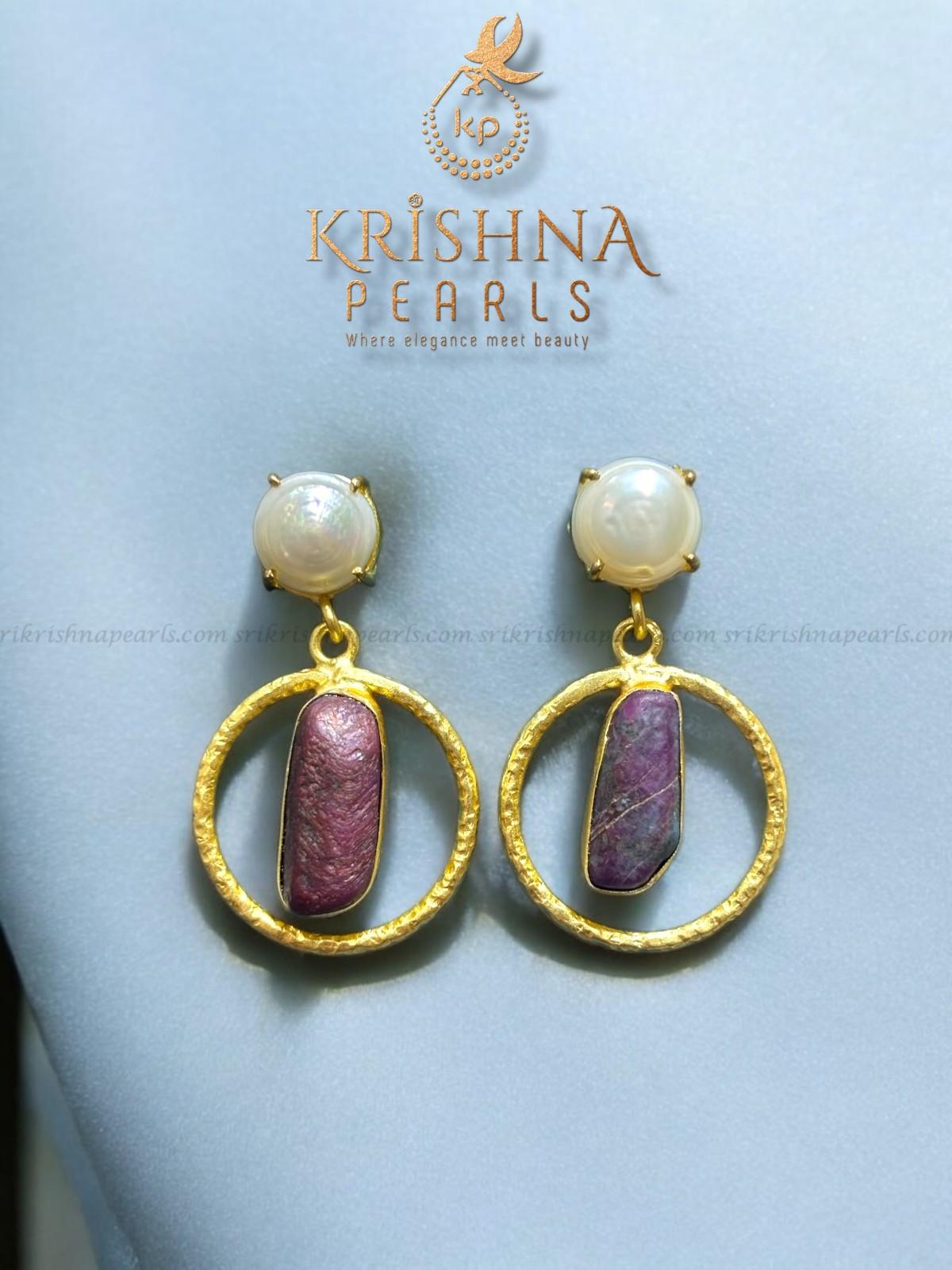 Rough Ruby Studded Button Pearl Hangings