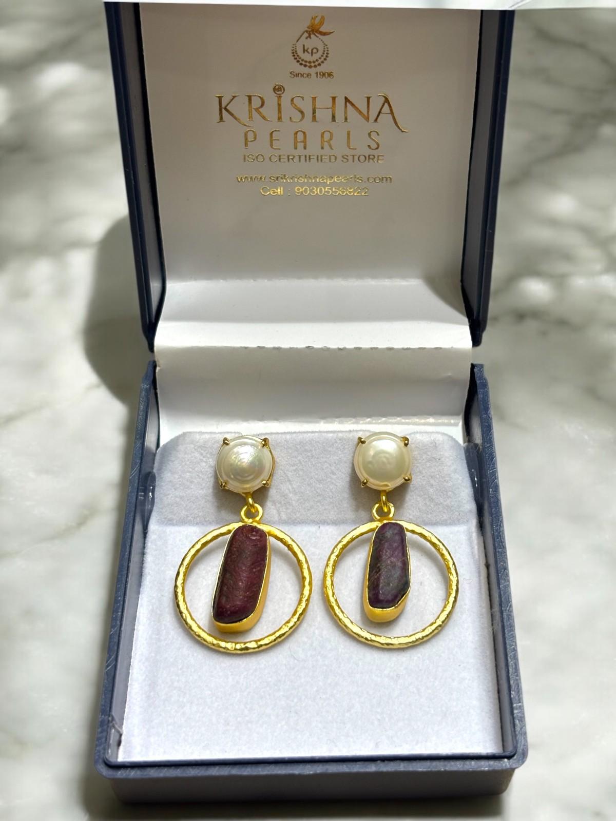 Rough Ruby Studded Button Pearl Hangings