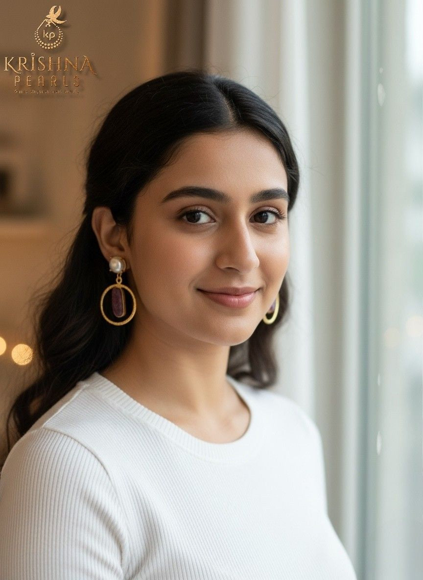 Rough Ruby Studded Button Pearl Hangings