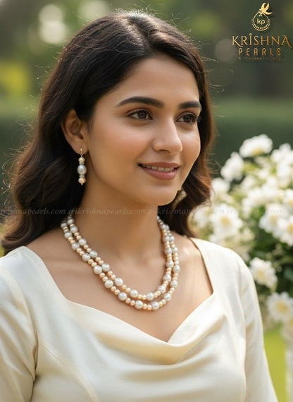 Multicolour Grey & Pink Double Line Pearls Necklace Set