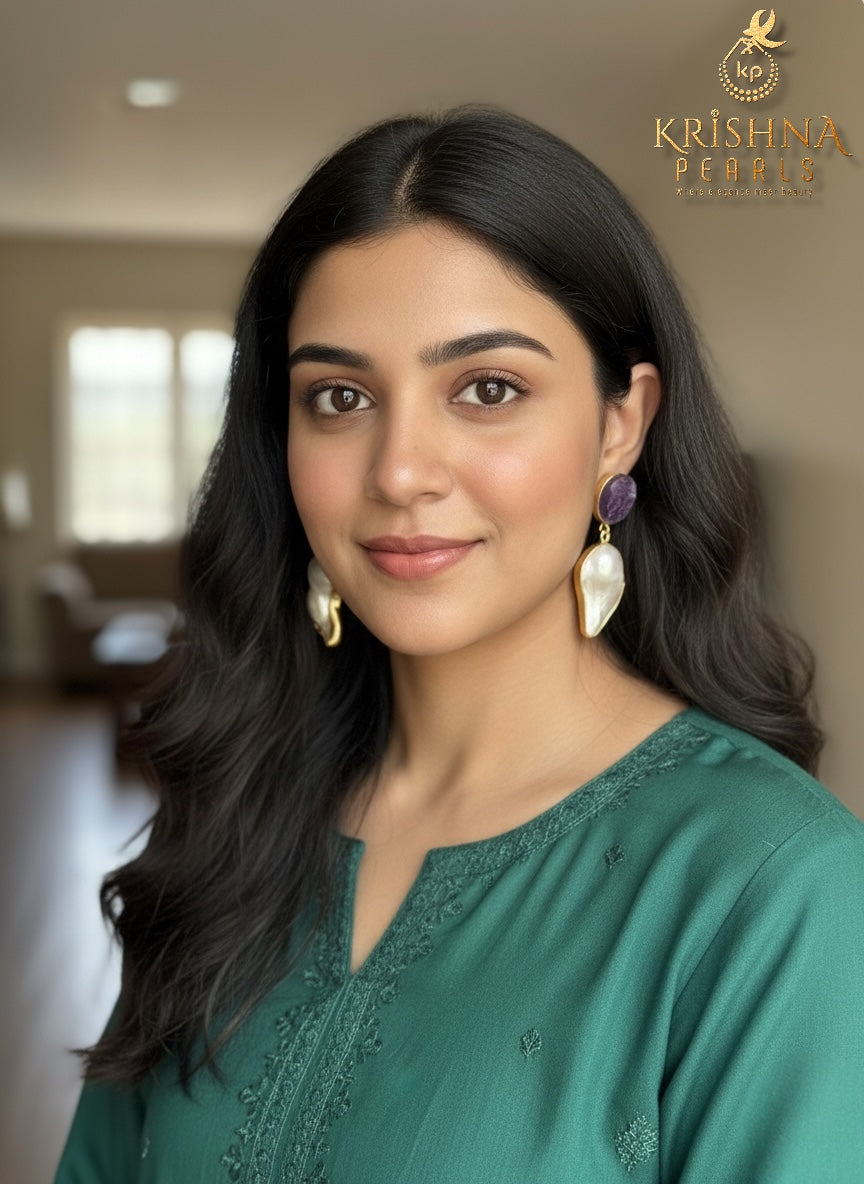 Amethyst Stone Studded With Baroque Pearl Hangings