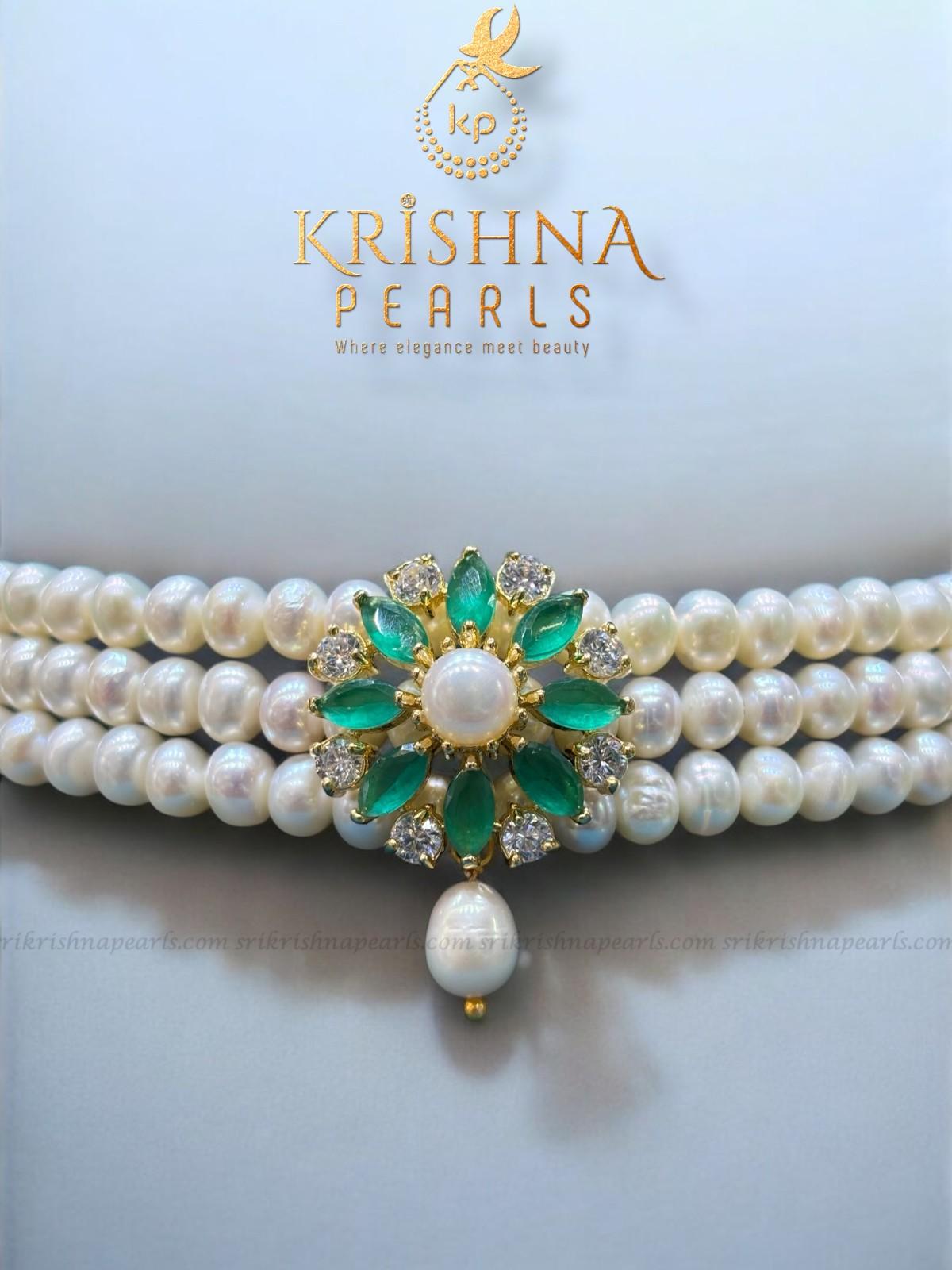 Beautiful Emerald Pendent  Pearls Three Line Choker Set