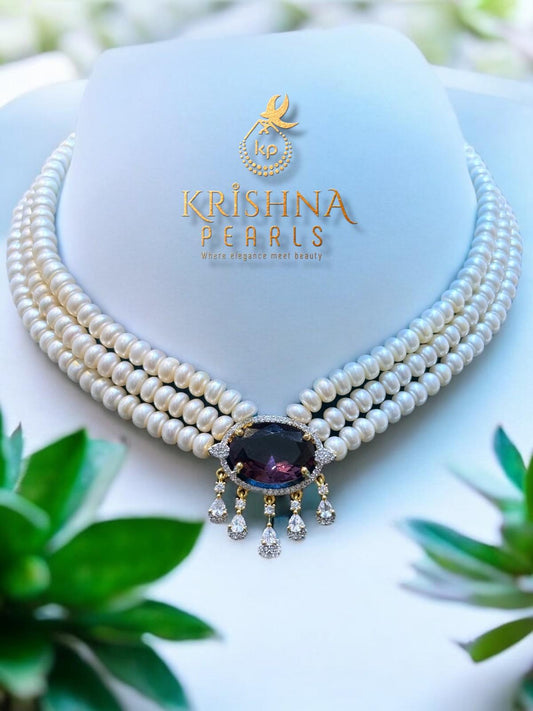 Amethyst Studded Three Line Pearls Choker Set