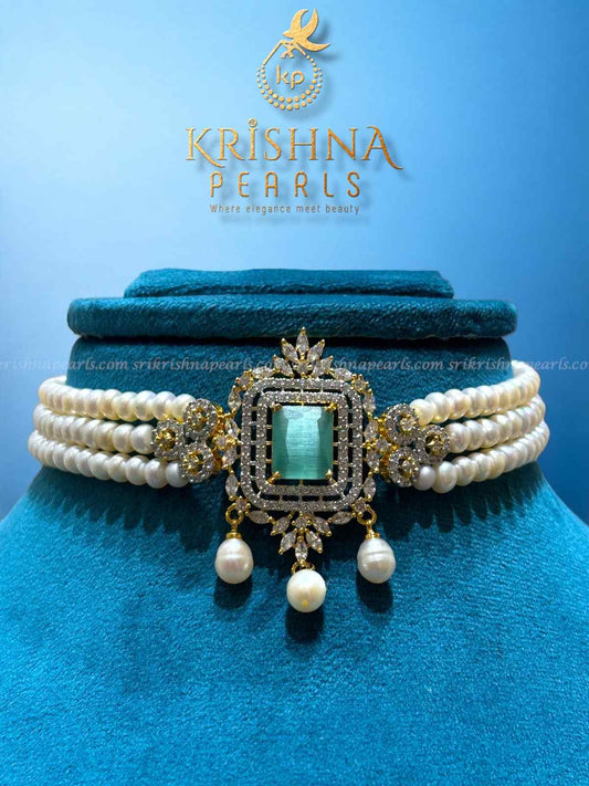 Beautifully Crowned Blue Quartz Studded Three Line Pearls Choker Set