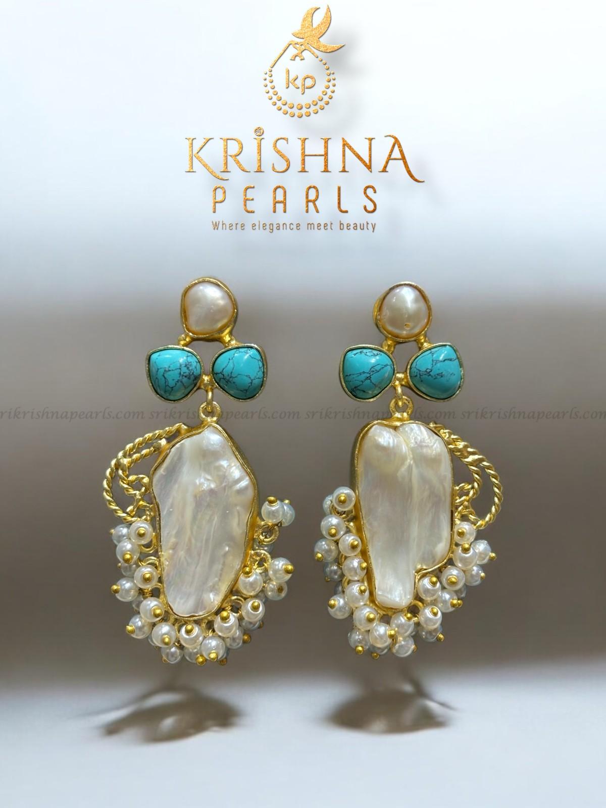 Elegant Turquoise Studded Baroque Pearls Hangings