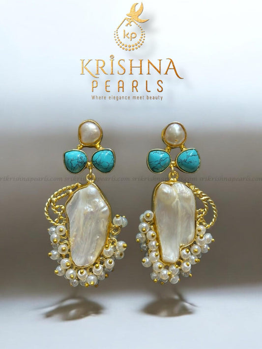 Elegant Turquoise Studded Baroque Pearls Hangings