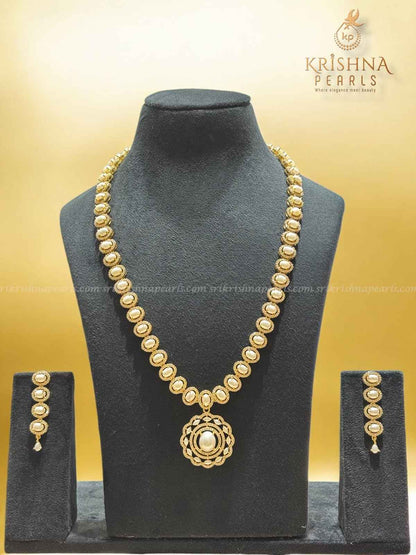 Luxurious Zircon Studded With Button Pearls Long Necklace Set