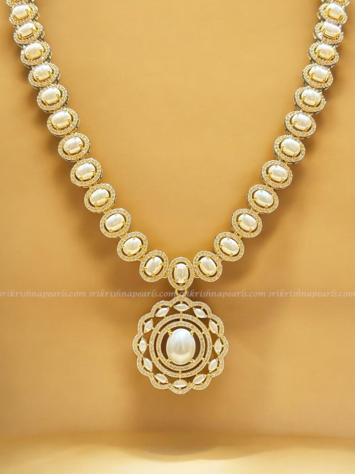 Luxurious Zircon Studded With Button Pearls Long Necklace Set