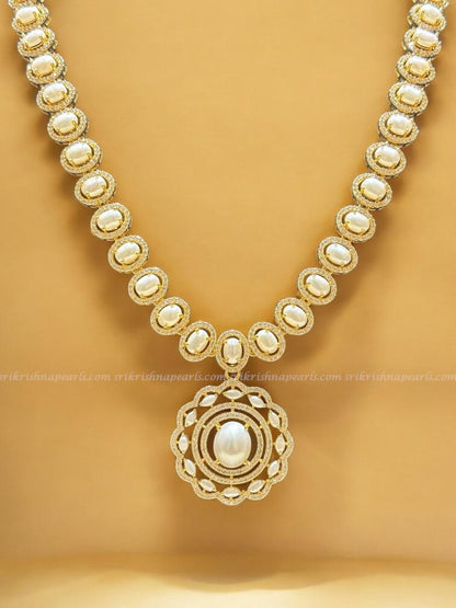 Luxurious Zircon Studded With Button Pearls Long Necklace Set