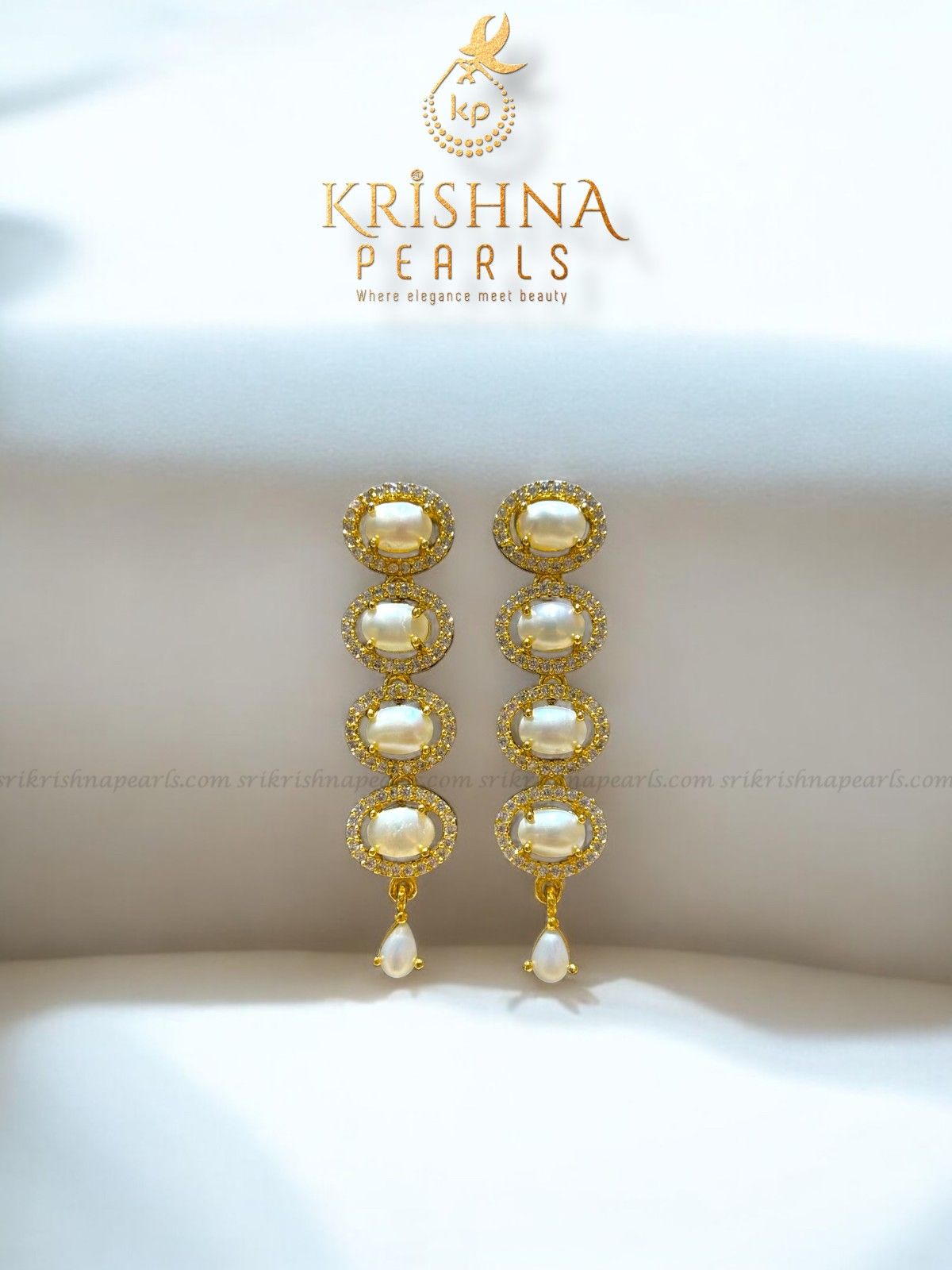 Luxurious Zircon Studded With Button Pearls Long Necklace Set