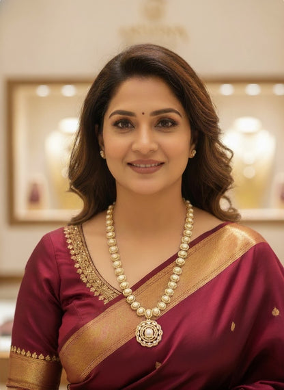 Luxurious Zircon Studded With Button Pearls Long Necklace Set