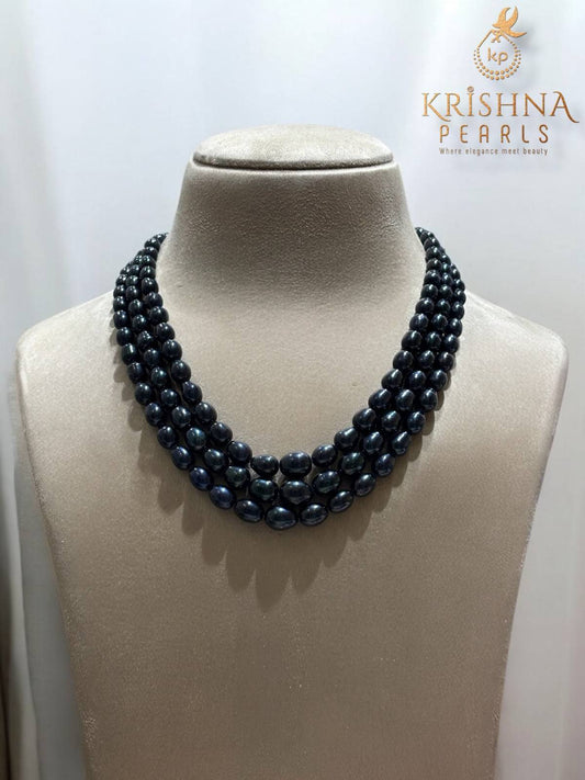 Jade Black Triple Layer Gradation Pearls Necklace