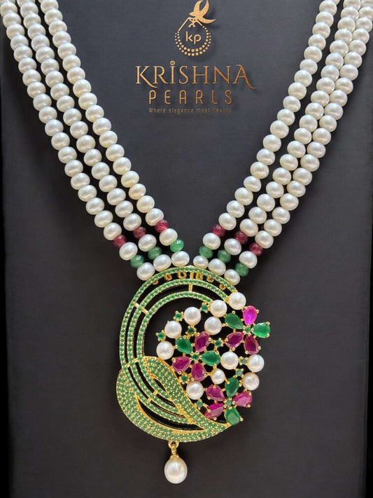 Adorable Ruby Emerals & Pearls Studded Three Line Long Necklace Set
