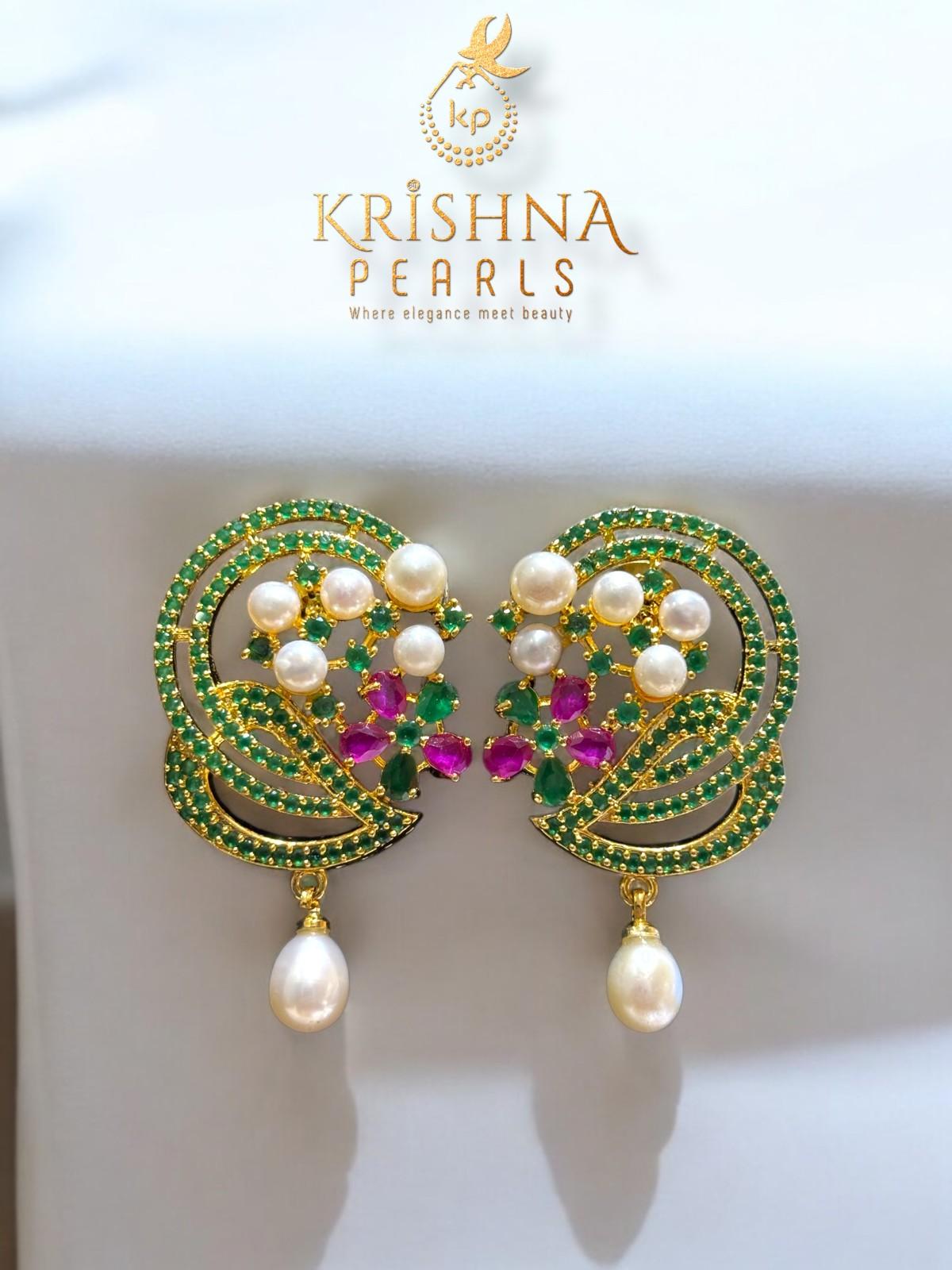 Adorable Ruby Emerals & Pearls Studded Three Line Long Necklace Set