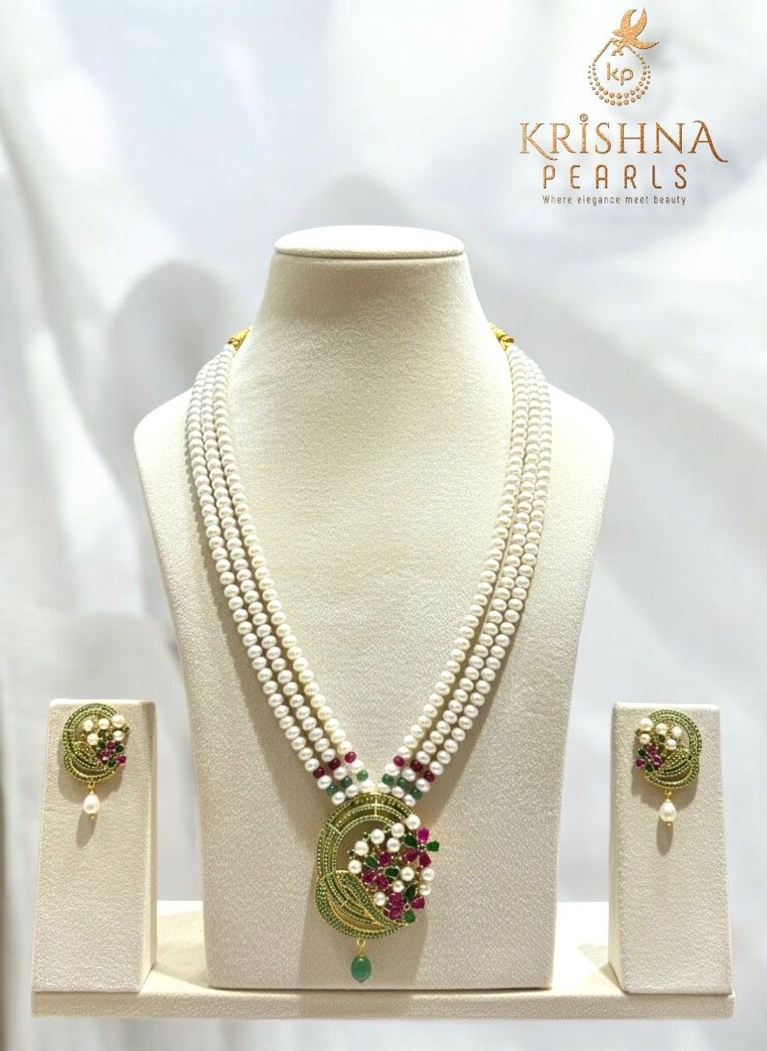 Adorable Ruby Emerals & Pearls Studded Three Line Long Necklace Set