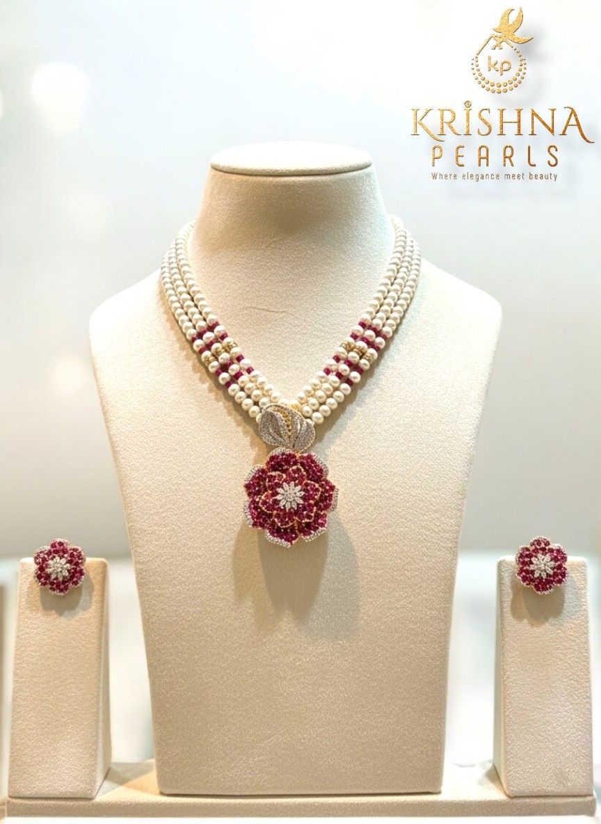 Scarlet Petal Elegance With Pearls Three Row Necklace Set