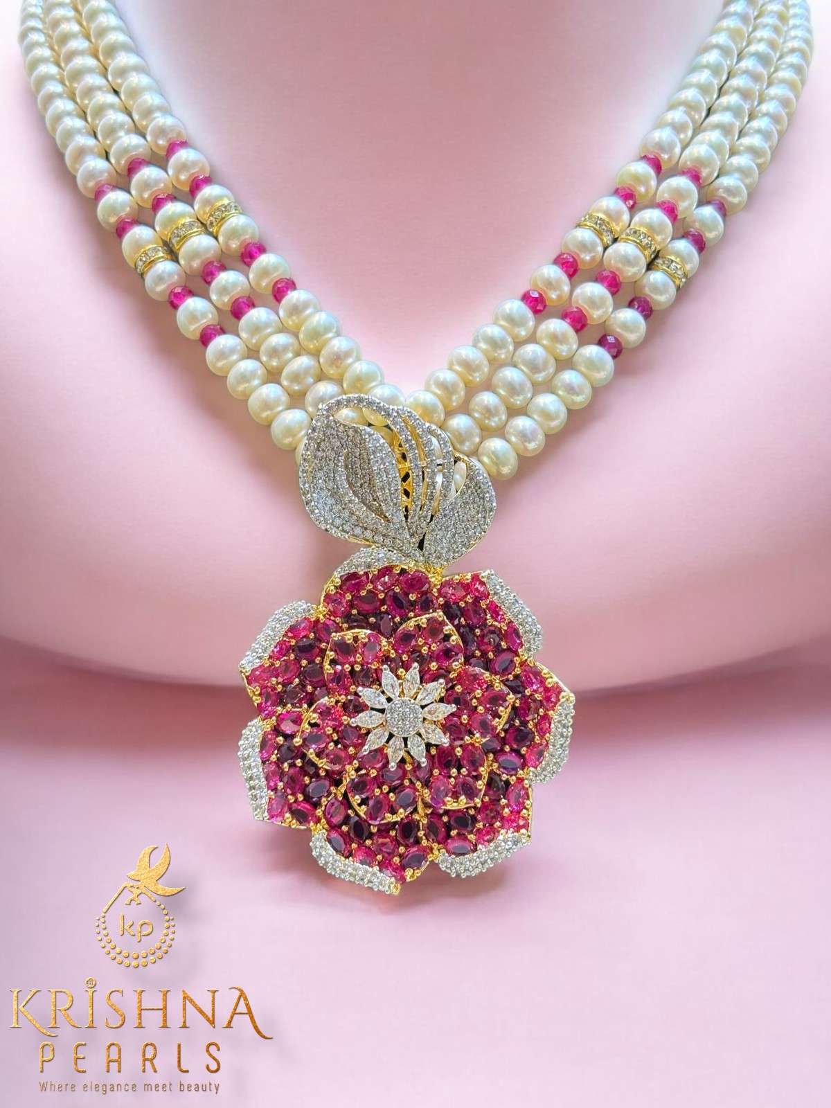 Scarlet Petal Elegance With Pearls Three Row Necklace Set