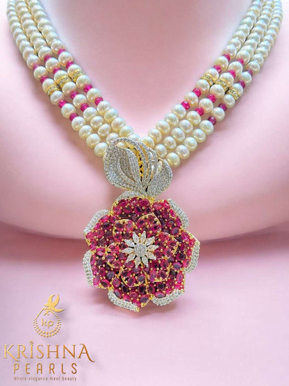 Scarlet Petal Elegance With Pearls Three Row Necklace Set