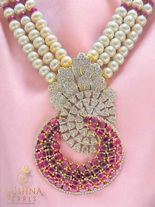 Exclusive Ruby Studded Three Row Pearls Necklace Set