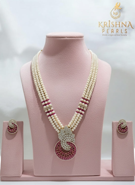 Exclusive Ruby Studded Three Row Pearls Necklace Set
