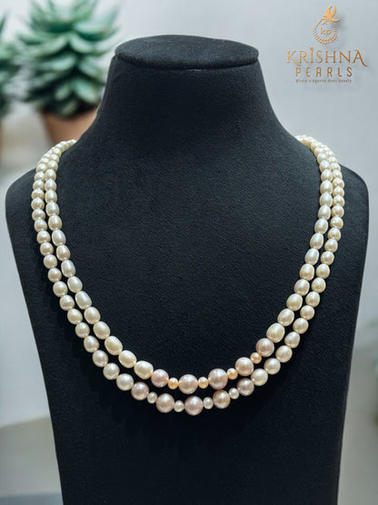 Royal Pearls With Gradient Double Layer White Pink & Peach Long Necklace