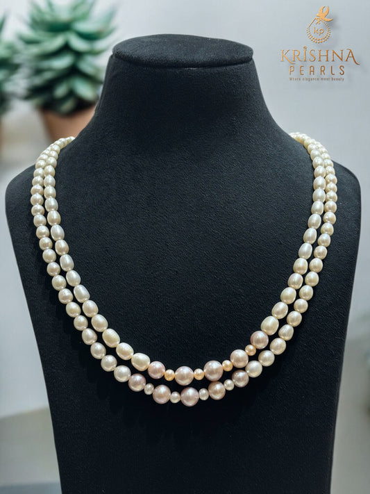 Royal Pearls With Gradient Double Layer White Pink & Peach Long Necklace