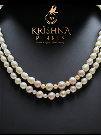 Royal Pearls With Gradient Double Layer White Pink & Peach Long Necklace