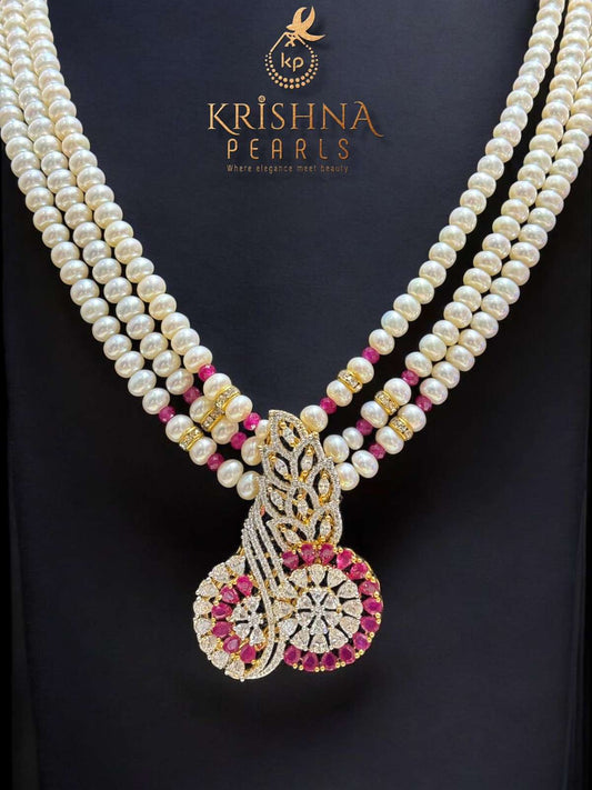 Exclusive Ruby studded Three Row Pearls Long Necklace Set