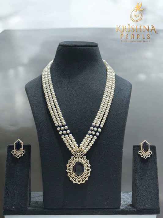 Royal Blue Sapphire Studded Pearls Three Layers Long Necklace Set