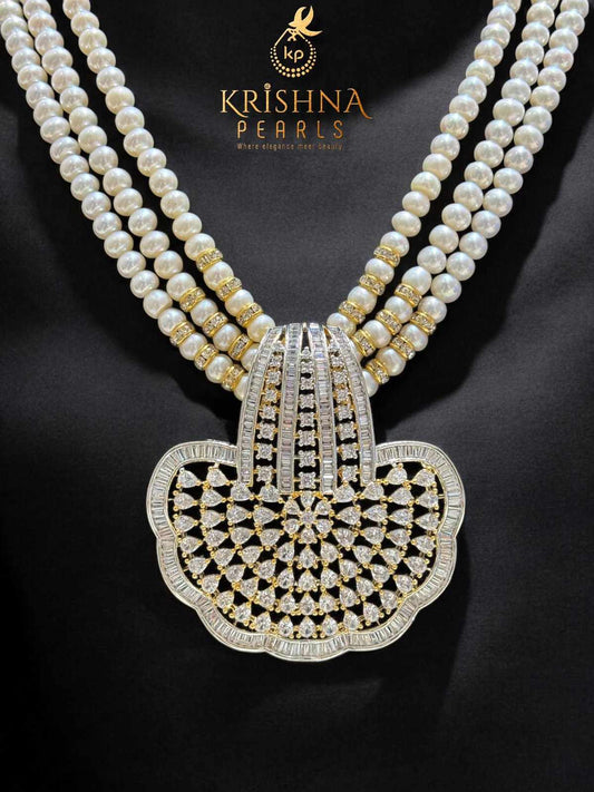 Majestic Zircon Queen Pendant With Three layer Pearls Long Necklace Set