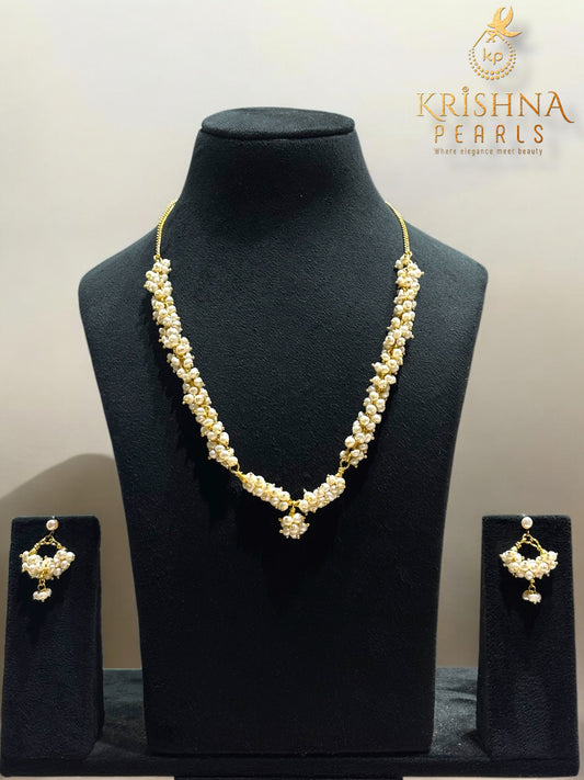 Elegant Small Pearl Cluster Necklace & Earrings & Bangels Set for Women